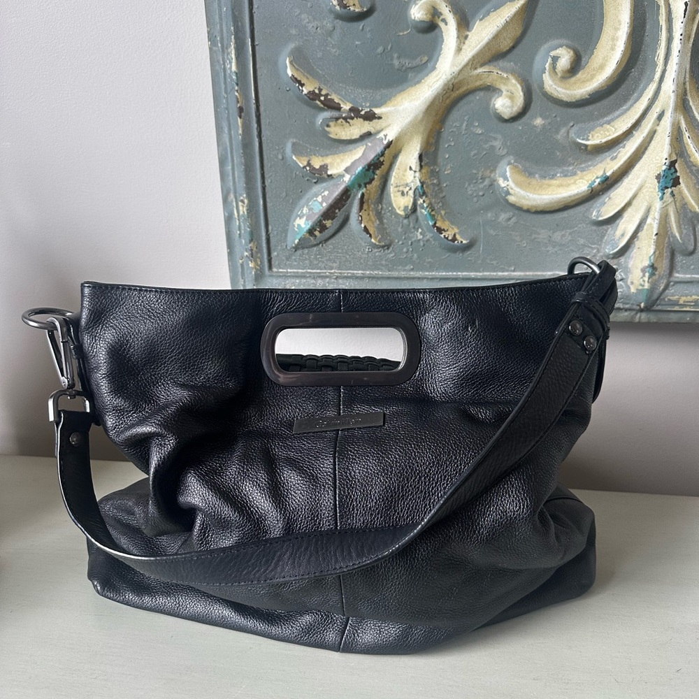 Calvin Klein large black leather tote purse woven magnetic closure